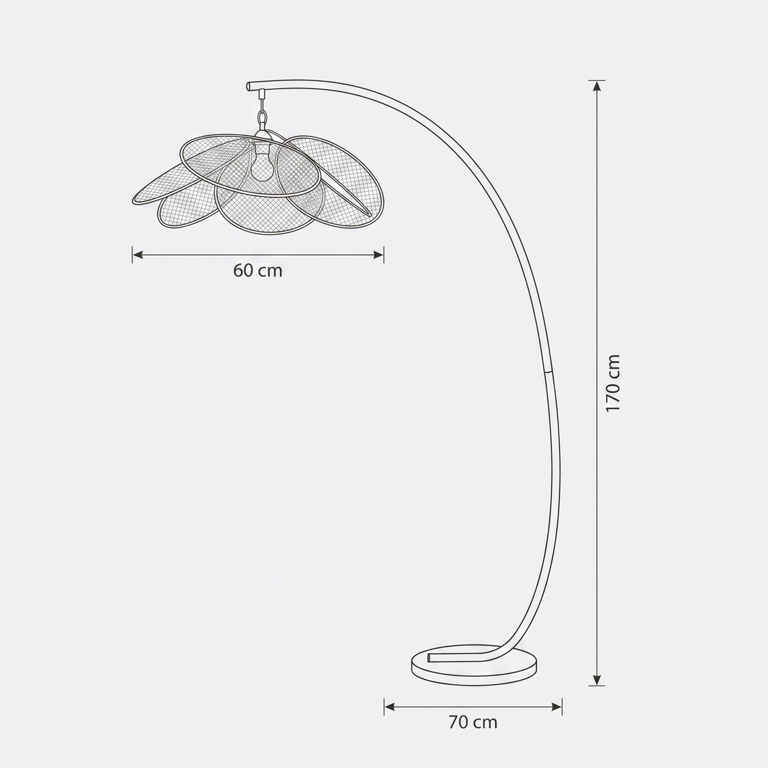 Dimensions de Lampadaire Arche avec Pétales Superposés en Rotin