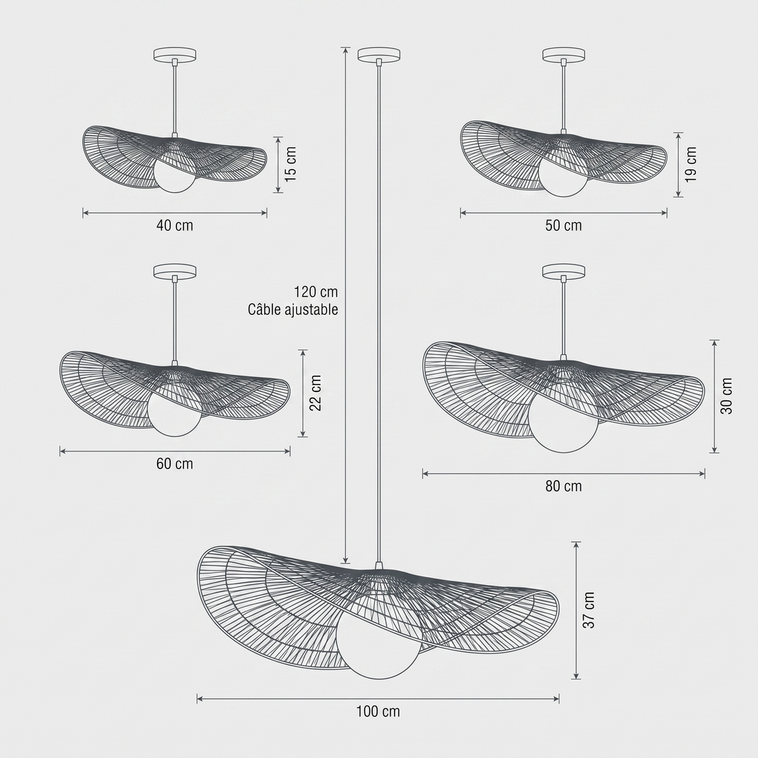Dimensions de Suspension en Rotin Vague Sculptural