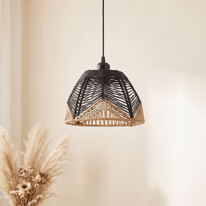 Suspension en Rotin Noir et Beige Cloche Évasée Organique