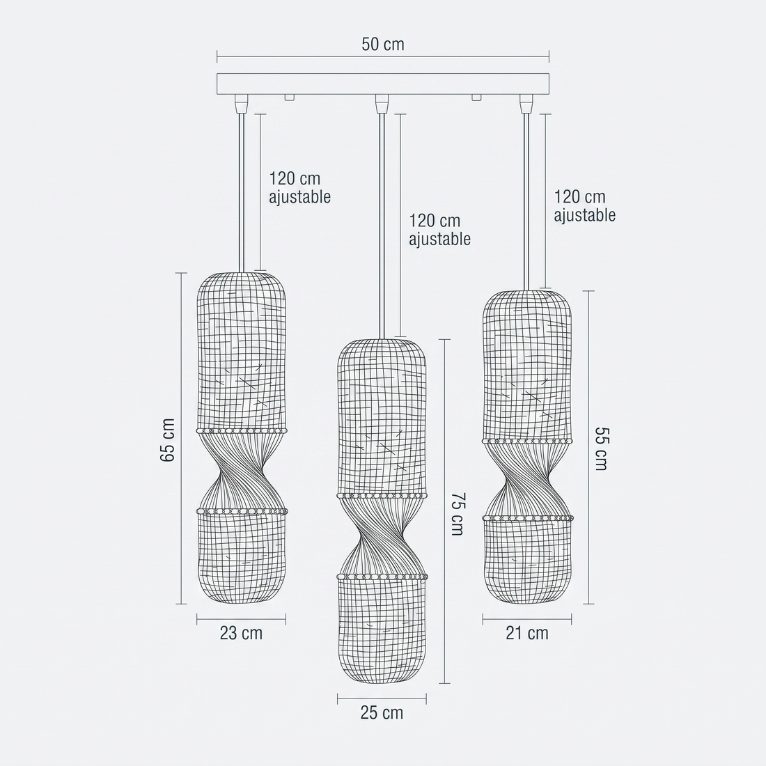 Dimensions de Lustre en Rotin Sablier 3 Têtes