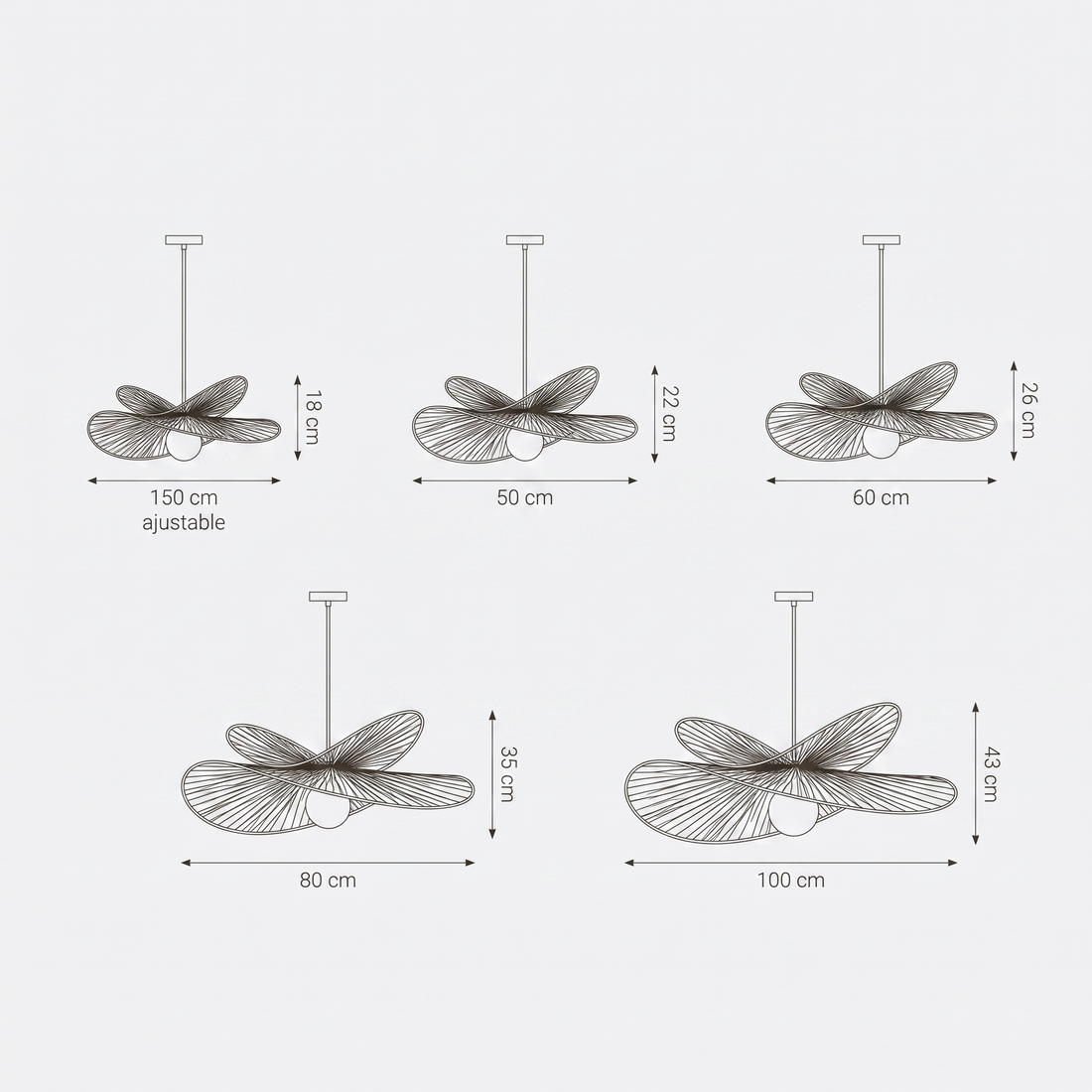 Dimensions de Suspension en Rotin Double Vague Sculptural