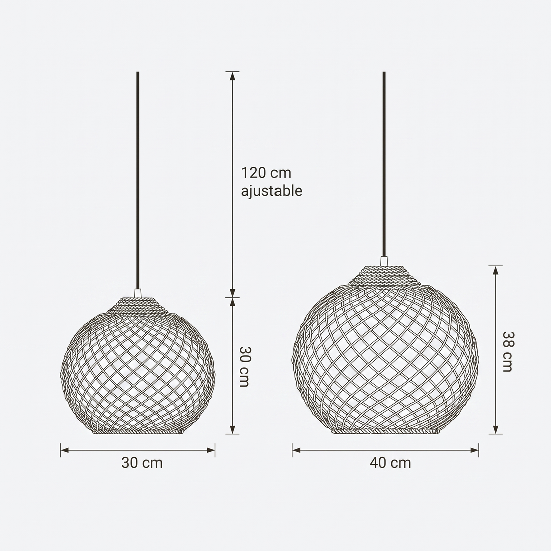 Dimensions de Suspension en Rotin Sphère Ajourée