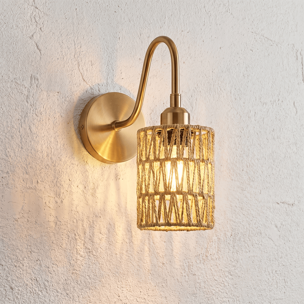 Applique Murale Rotin Cylindrique avec Support Laiton