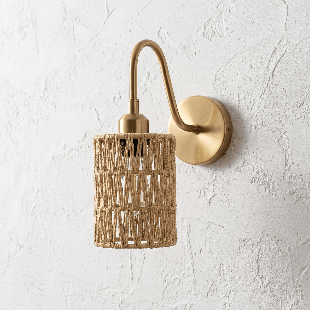 Applique Murale Rotin Cylindrique avec Support Laiton