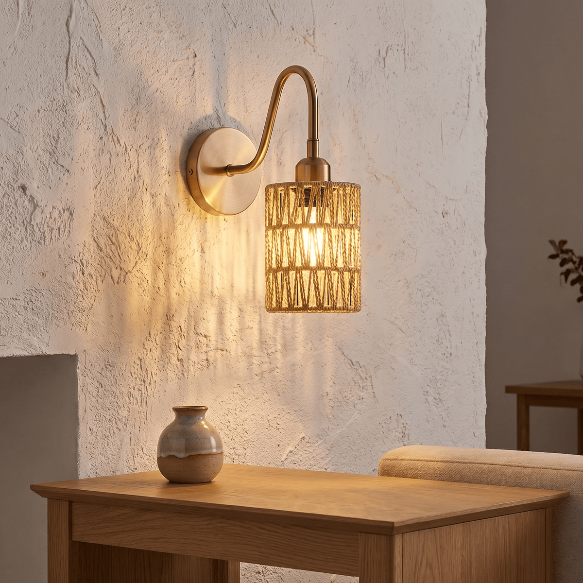 Applique Murale Rotin Cylindrique avec Support Laiton