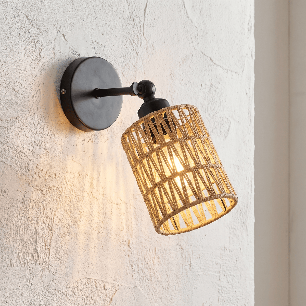 Applique Murale Rotin Cylindrique avec Support Noir