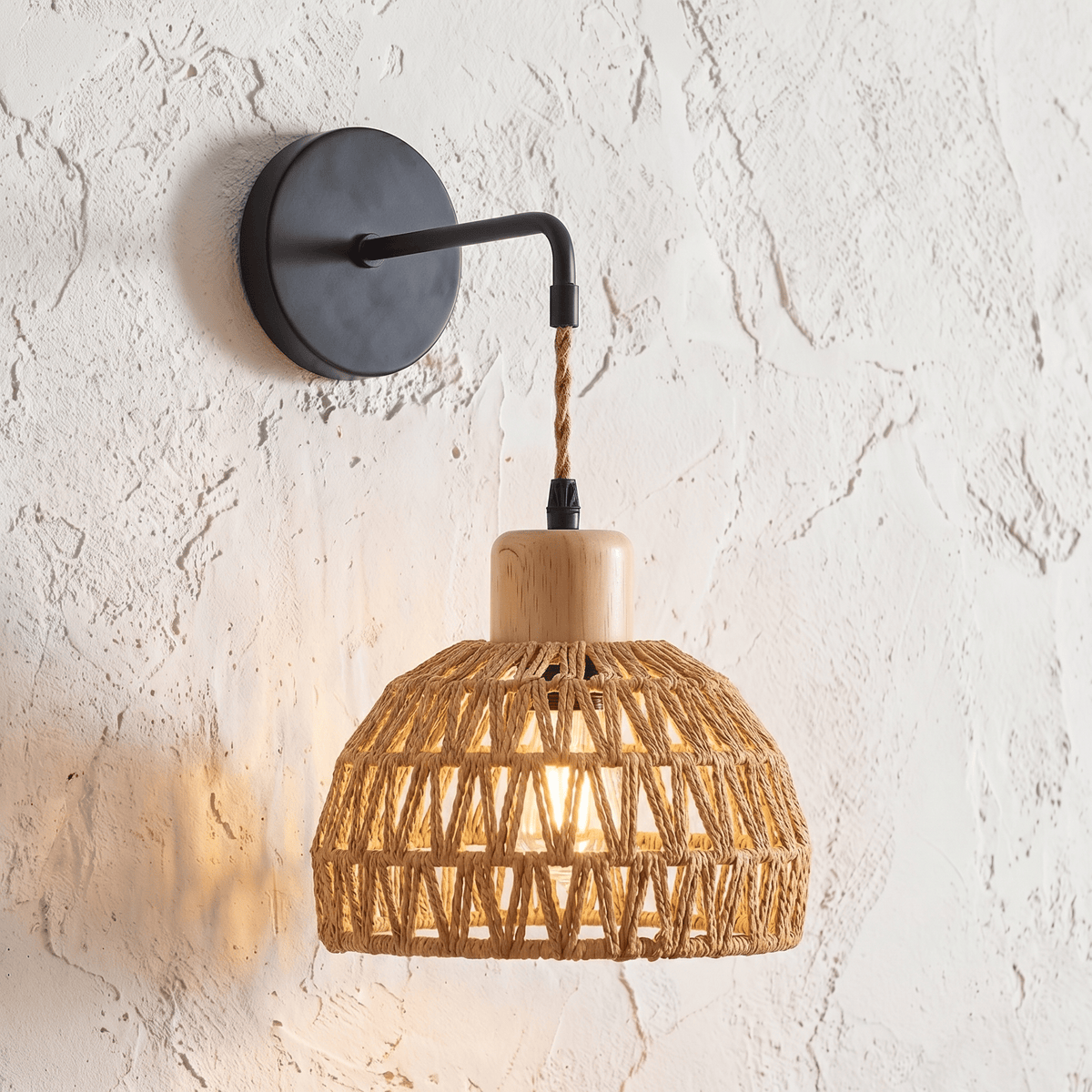 Applique Murale Rotin Demi-Sphère avec Support Noir