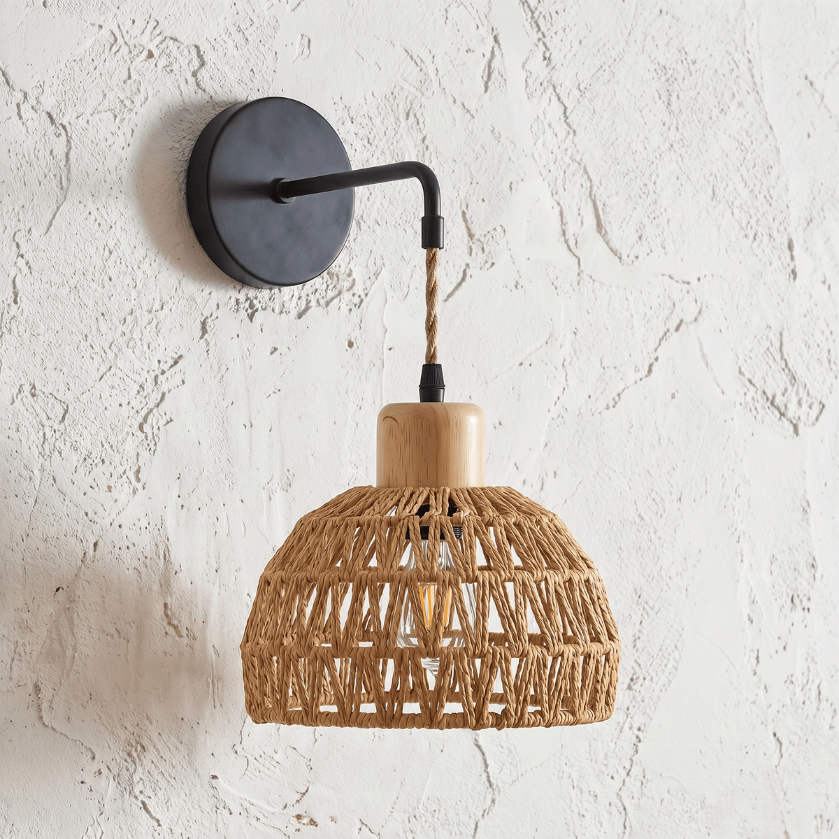 Applique Murale Rotin Demi-Sphère avec Support Noir