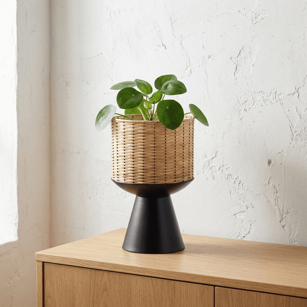 Cache-Pot Rotin Cylindrique sur Socle Noir