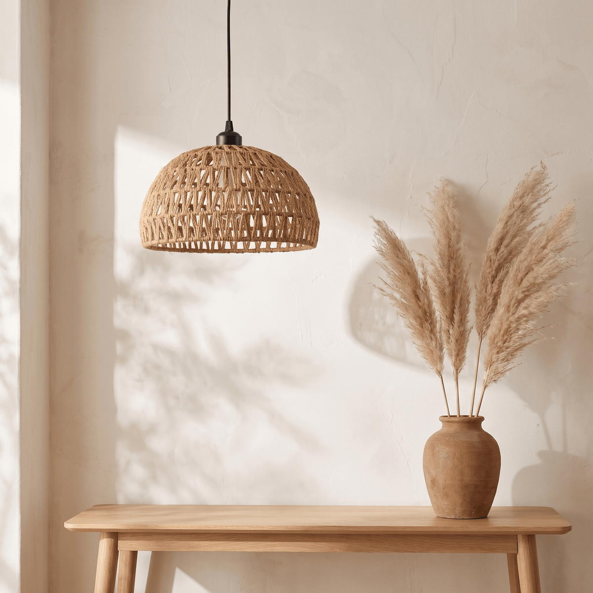 Suspension en Rotin Beige Demi-Sphère Ajourée