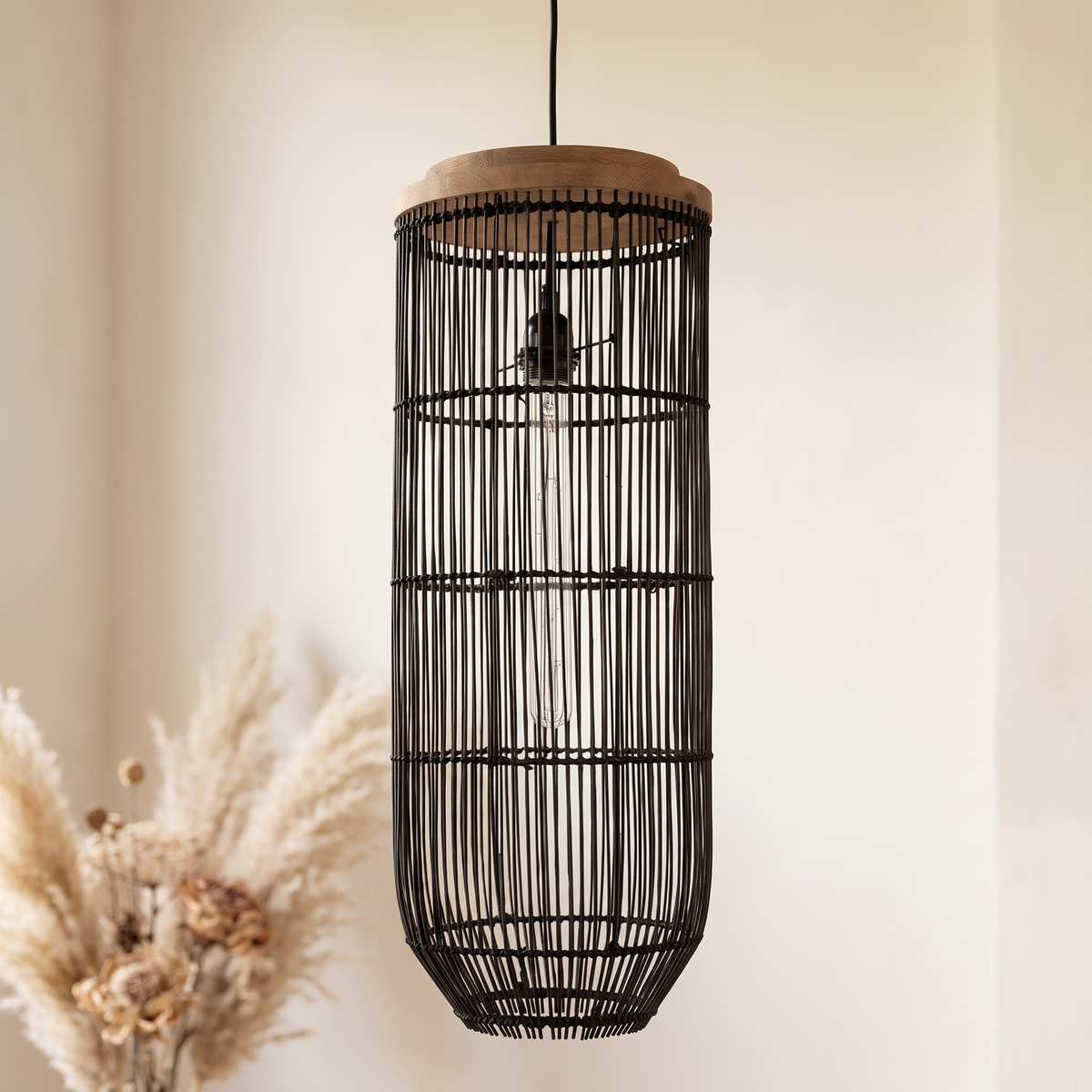 Suspension en Rotin Noir Lanterne Verticale