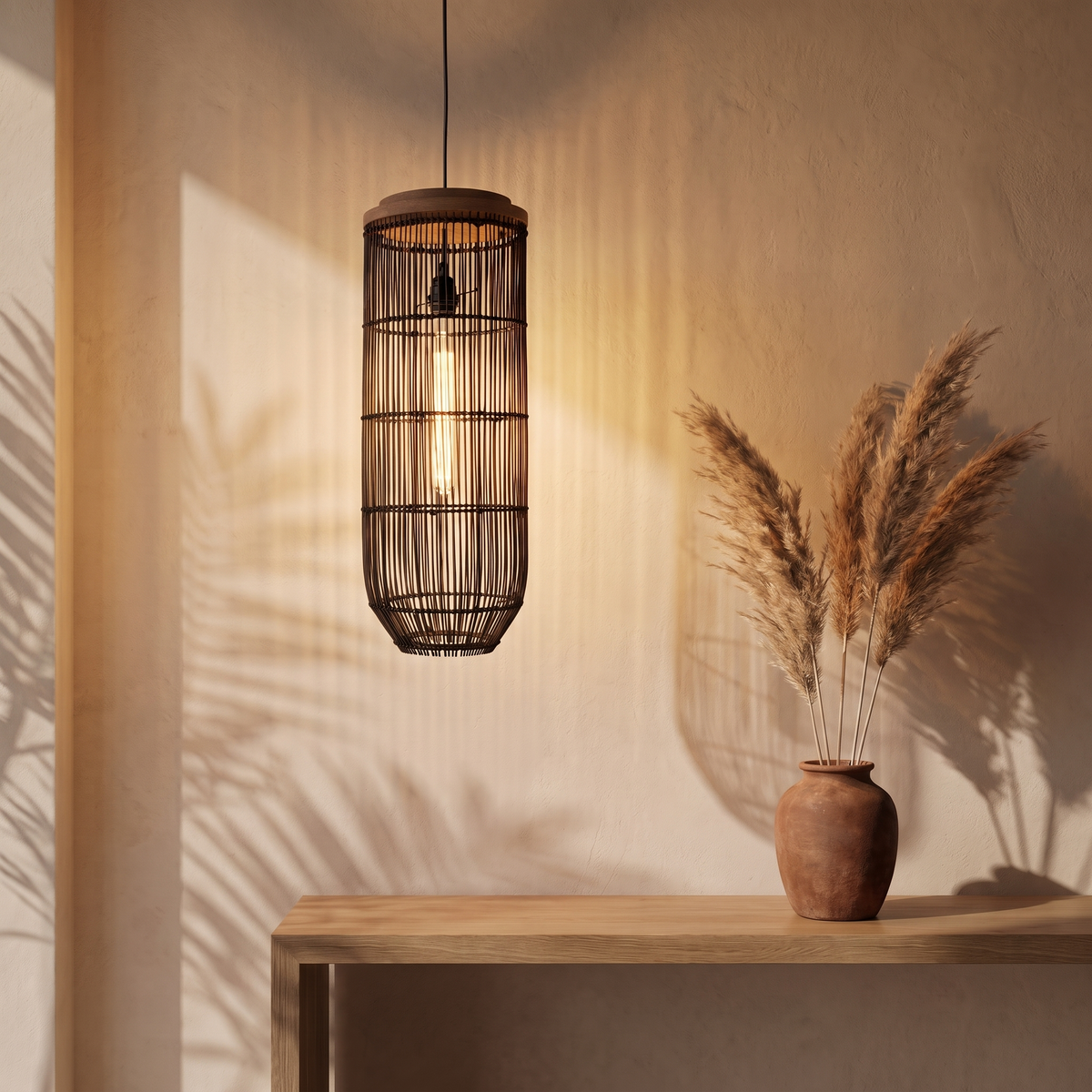 Suspension en Rotin Noir Lanterne Verticale