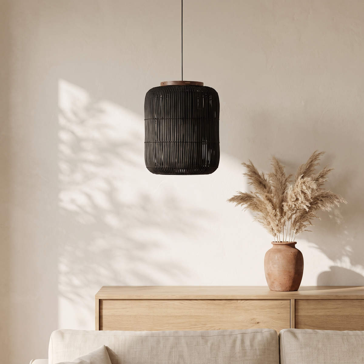 Suspension en Rotin Noir Design Japandi Cylindrique