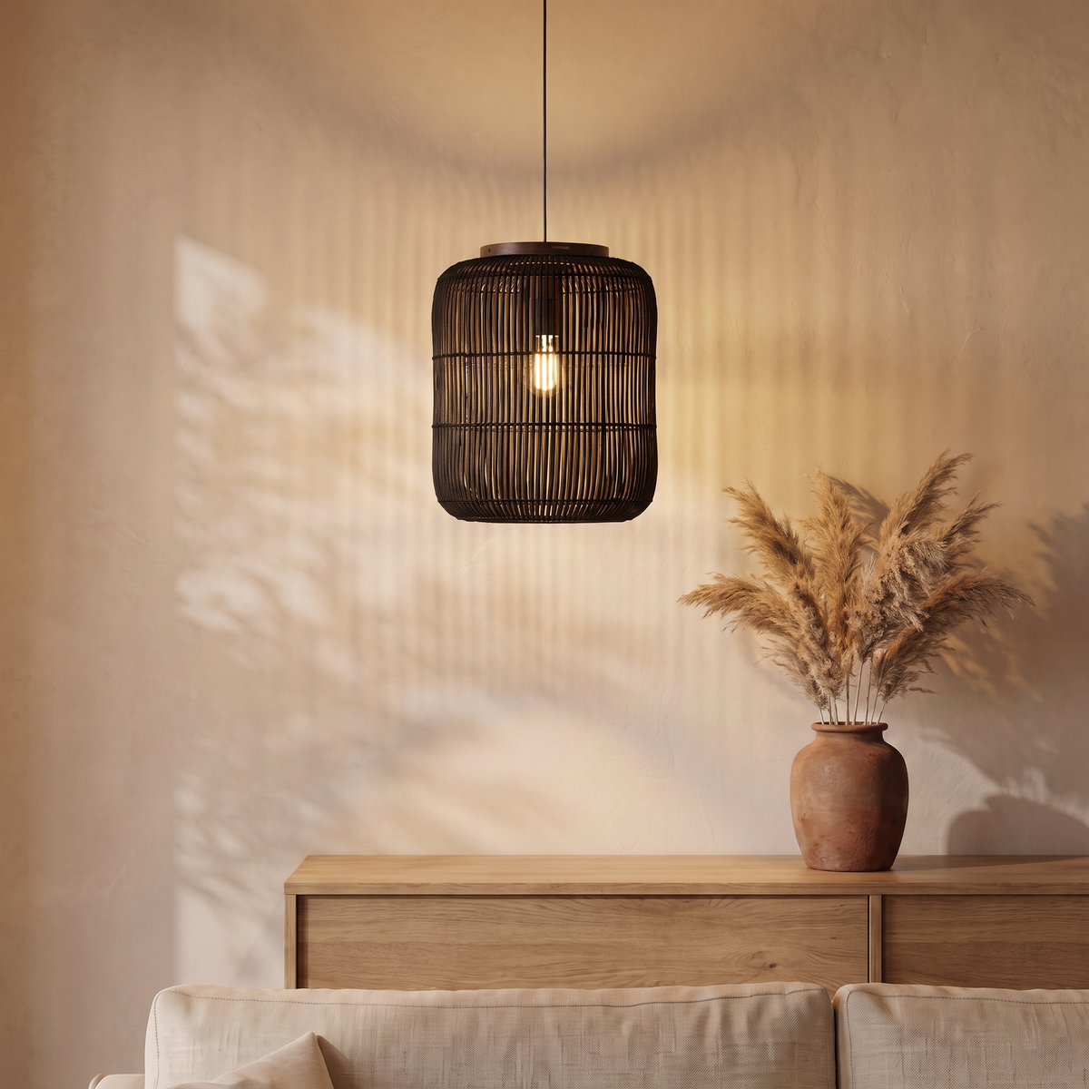 Suspension en Rotin Noir Design Japandi Cylindrique