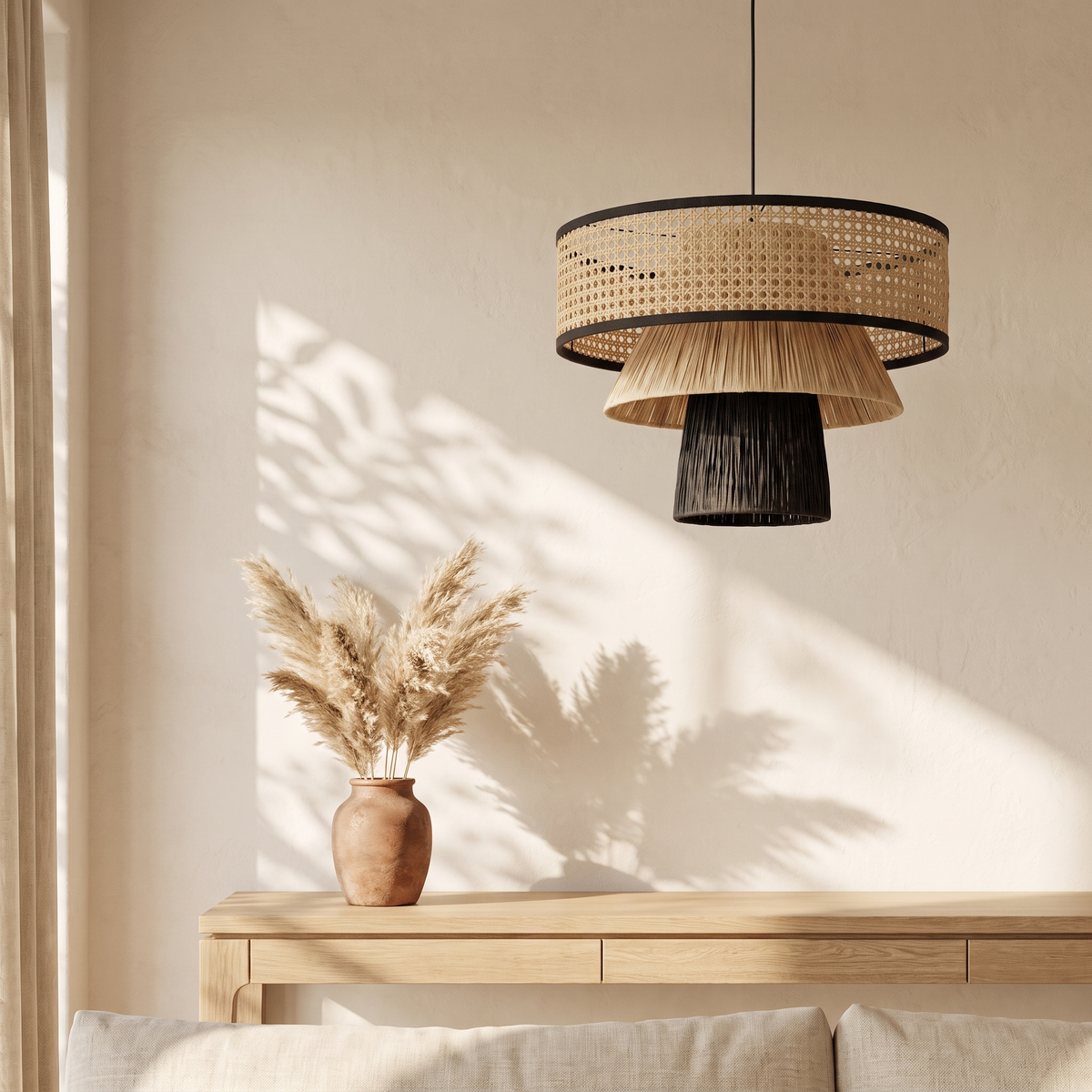 Grande Suspension en Rotin Noir Champignon Architecturale