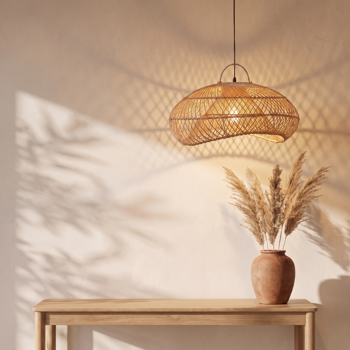 Suspension en Rotin Beige Doré Organique Design