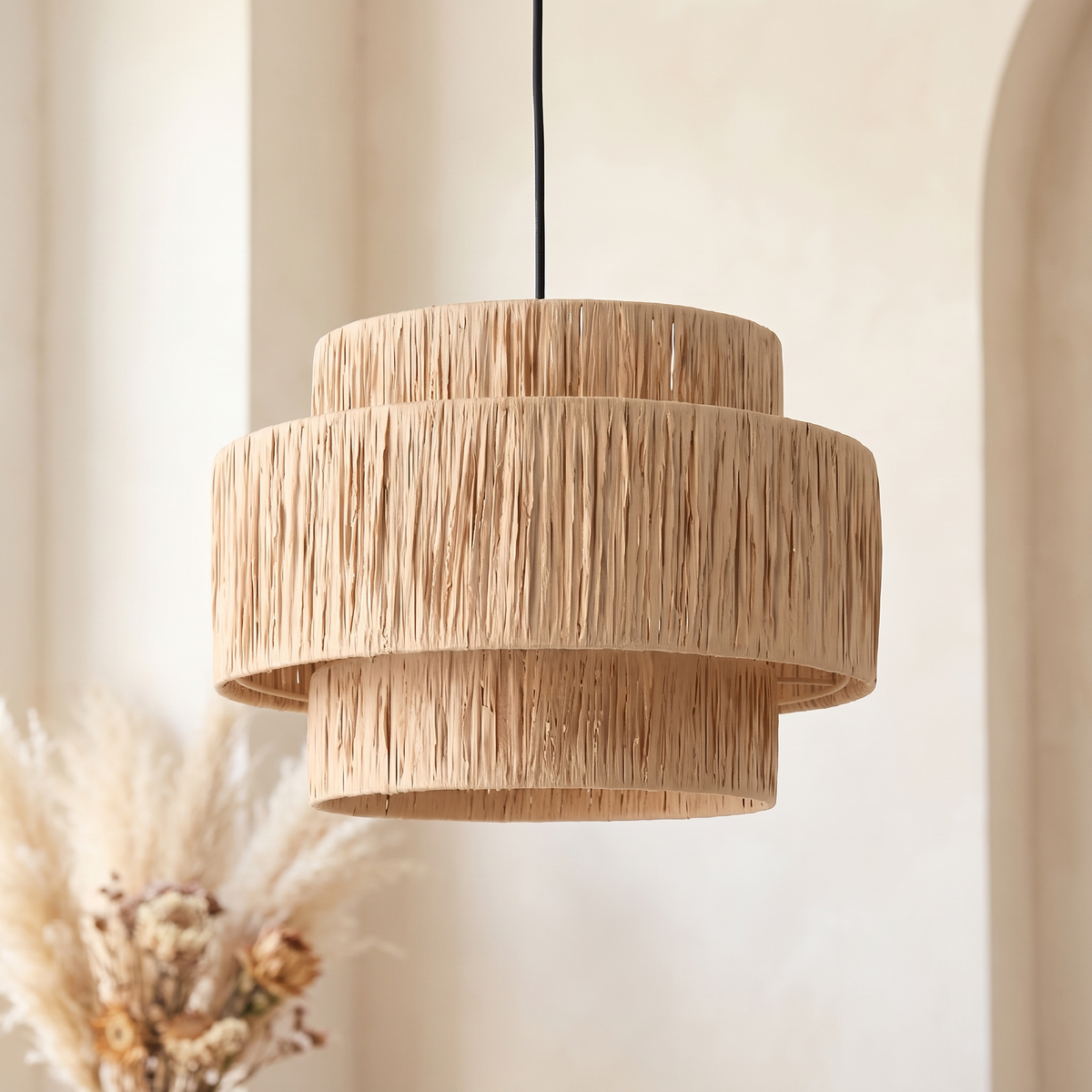 Suspension Rotin Naturel Tissé Paille à Étages