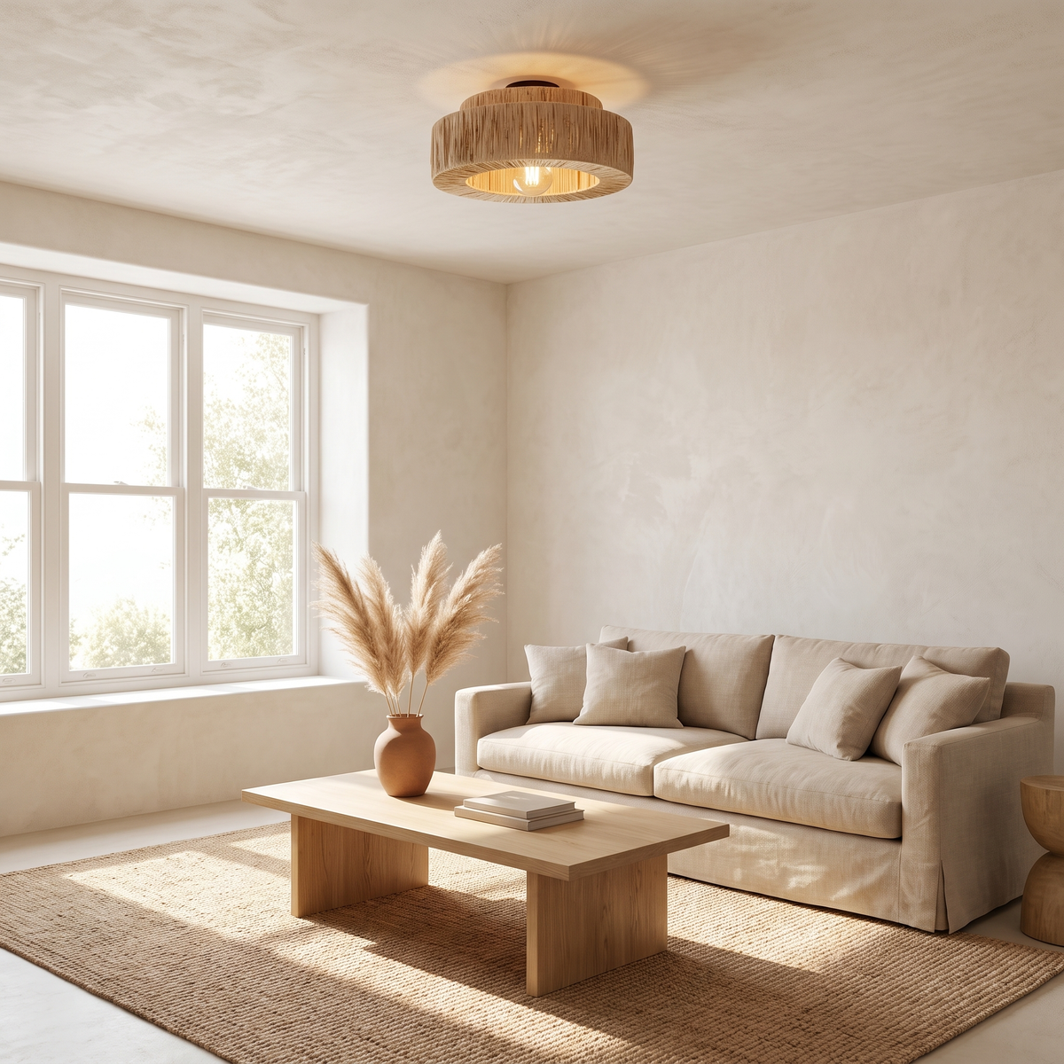 Plafonnier en Rotin Frangé Double Tambour