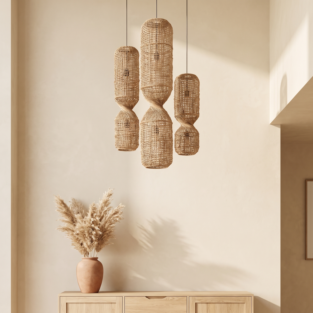 Lustre en Rotin Sablier 3 Têtes