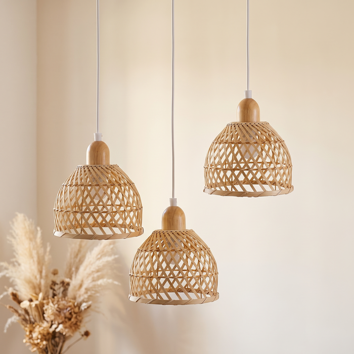 Lustre Rotin et Bambou 3 Têtes Cloche