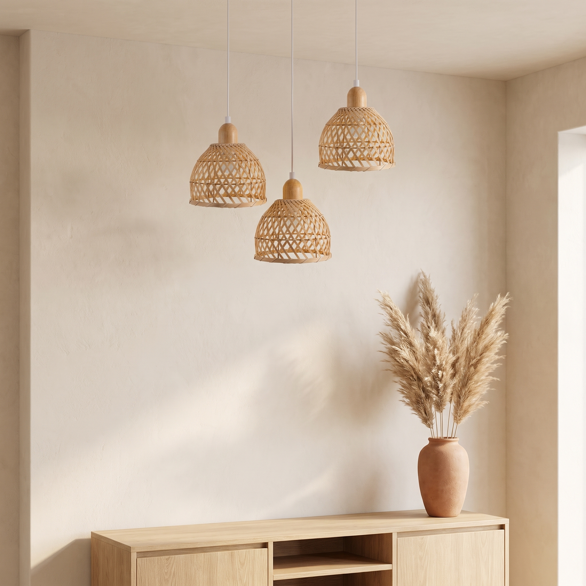 Lustre Rotin et Bambou 3 Têtes Cloche