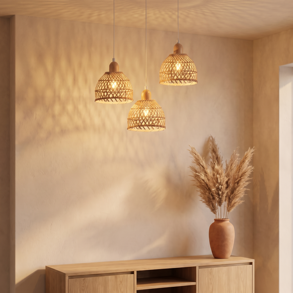 Lustre Rotin et Bambou 3 Têtes Cloche