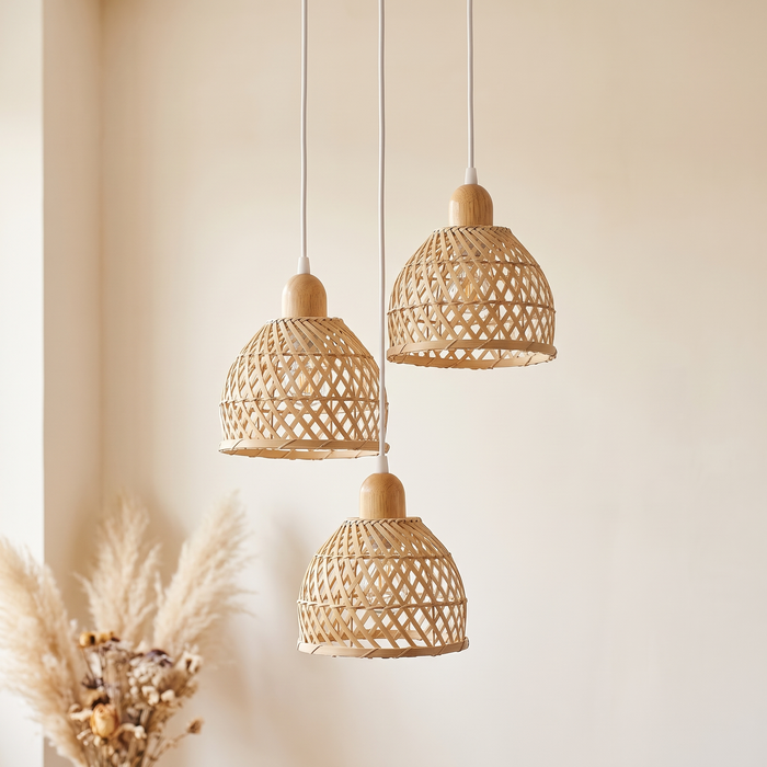 Lustre Rotin 3 Têtes Rond Cloche Naturel