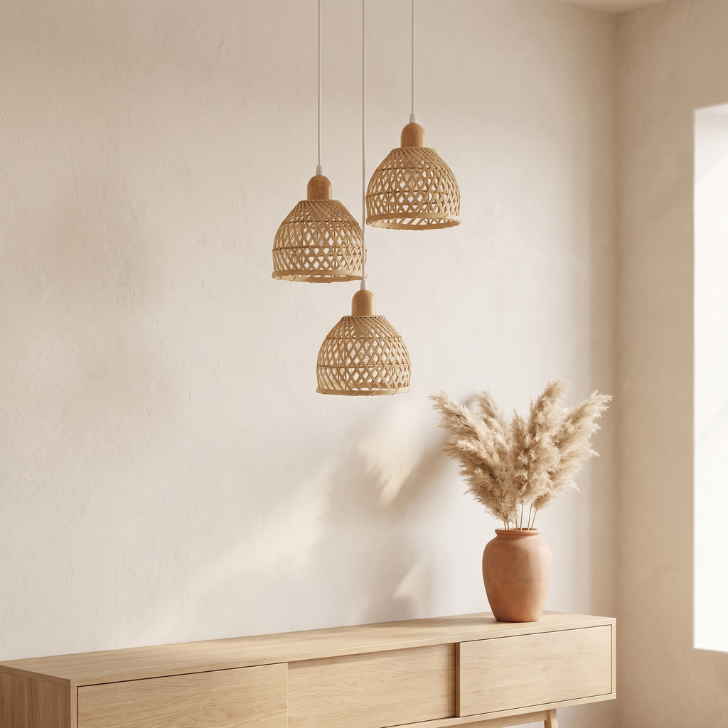 Lustre Rotin 3 Têtes Rond Cloche Naturel