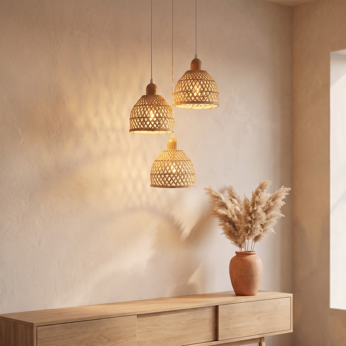 Lustre Rotin 3 Têtes Rond Cloche Naturel