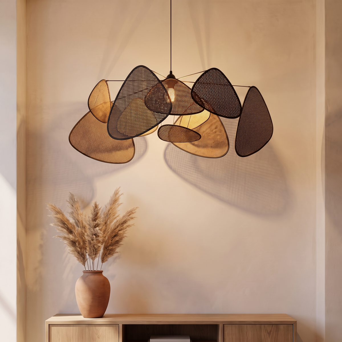Lustre en Rotin Noir Multi-Panneaux Design