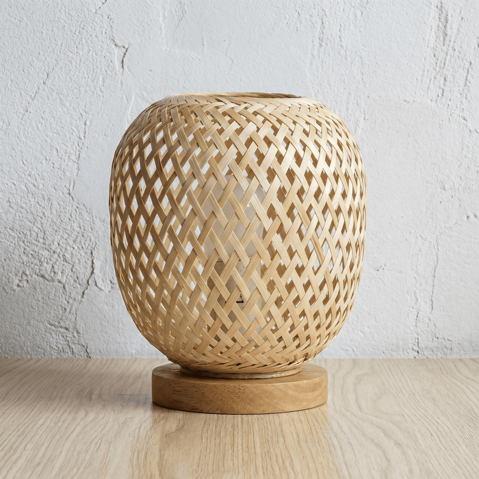 Lampe à Poser Bambou Ovoïde Tressée avec Base Bois