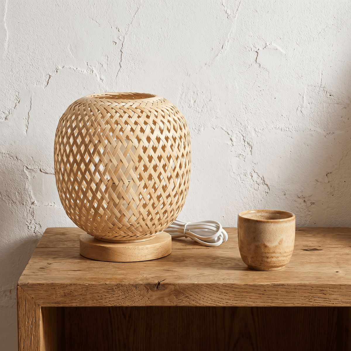 Lampe à Poser Bambou Ovoïde Tressée avec Base Bois