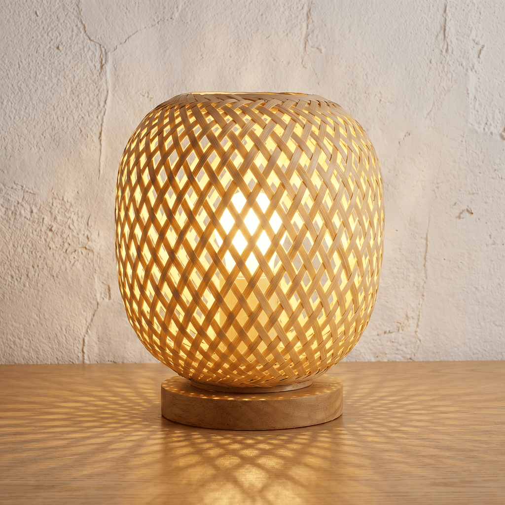 Lampe à Poser Bambou Ovoïde Tressée avec Base Bois