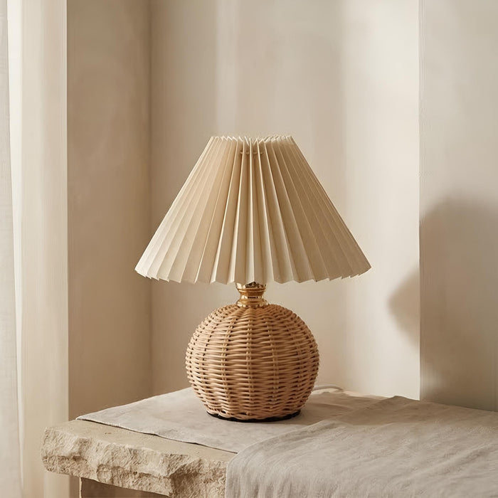 Lampe de Chevet Rotin Boule Abat-jour Plissé