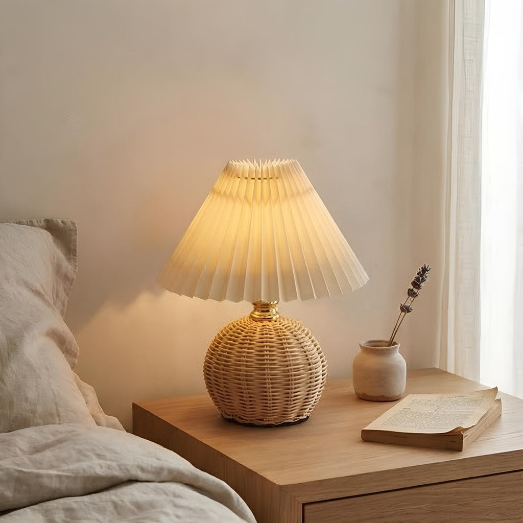 Lampe de Chevet Rotin Boule Abat-jour Plissé