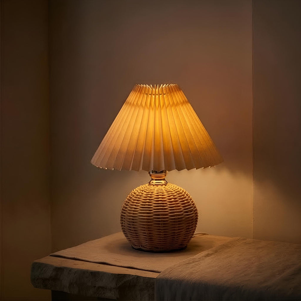 Lampe de Chevet Rotin Boule Abat-jour Plissé