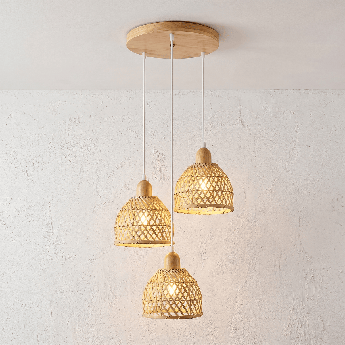 Lustre Rotin 3 Têtes Rond Cloche Naturel