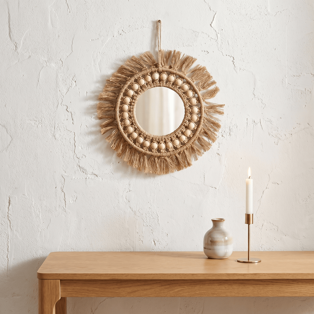 Miroir Mural Bohème Soleil Rond avec Perles Macramé