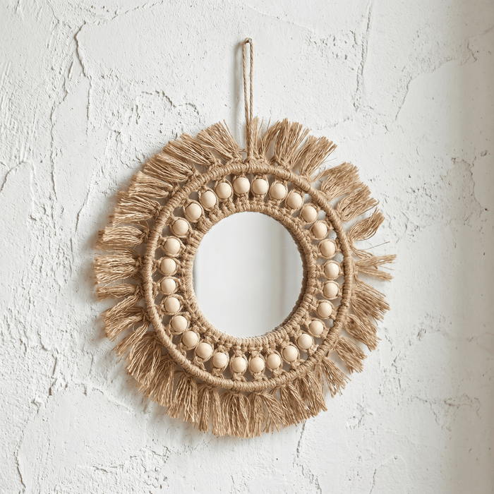 Miroir Mural Bohème Soleil Rond avec Perles Macramé