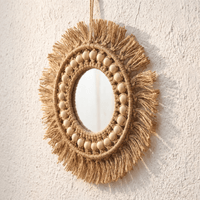 Miroir Mural Bohème Soleil Rond avec Perles Macramé