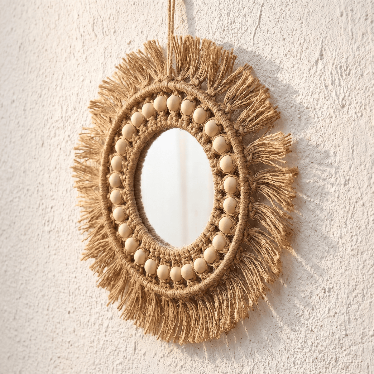 Miroir Mural Bohème Soleil Rond avec Perles Macramé