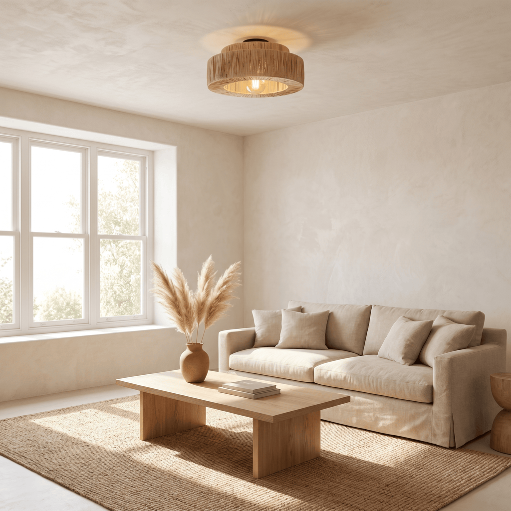 Plafonnier en Rotin Frangé Double Tambour