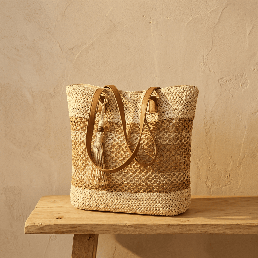Sac Cabas Rotin Ajouré avec Pompon