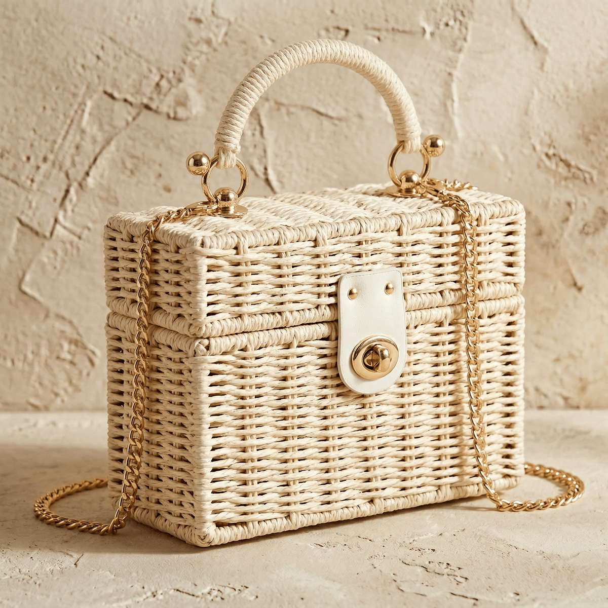 Sac Rotin Boîte Chic avec Chaîne Dorée