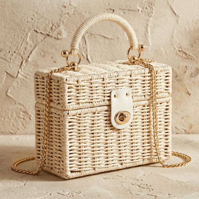 Sac Rotin Boîte Chic avec Chaîne Dorée