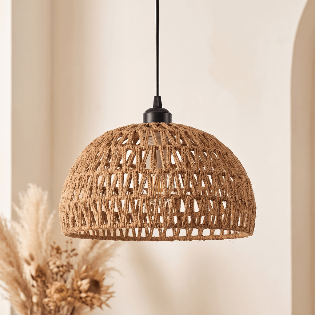 Suspension en Rotin Beige Demi-Sphère Ajourée