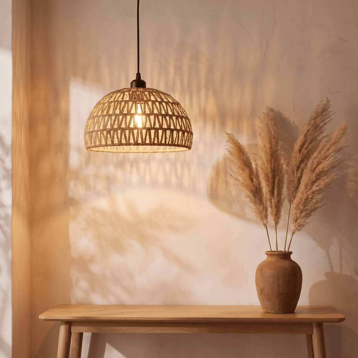 Suspension en Rotin Beige Demi-Sphère Ajourée