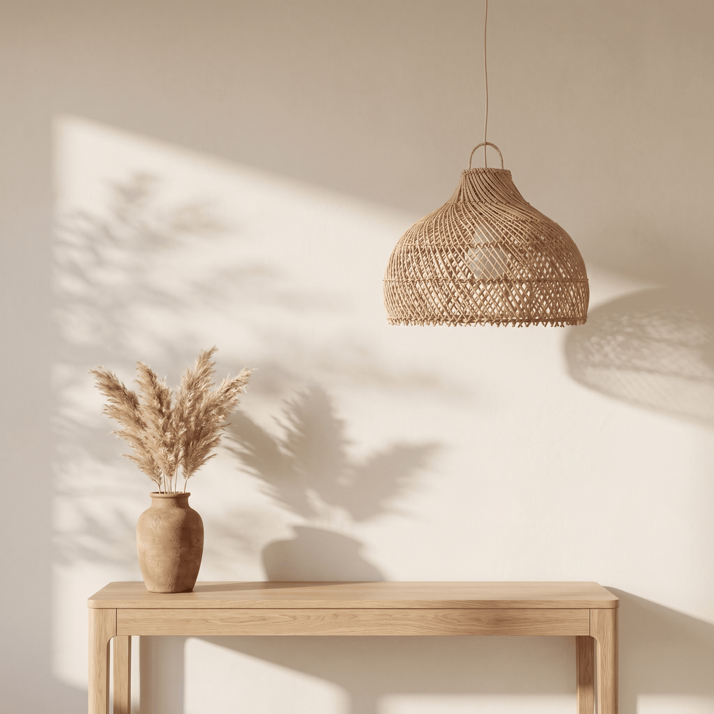 Suspension en Rotin Beige Doré Dôme Évasé