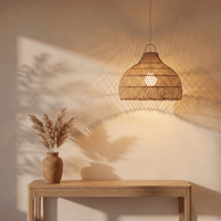 Suspension en Rotin Beige Doré Dôme Évasé