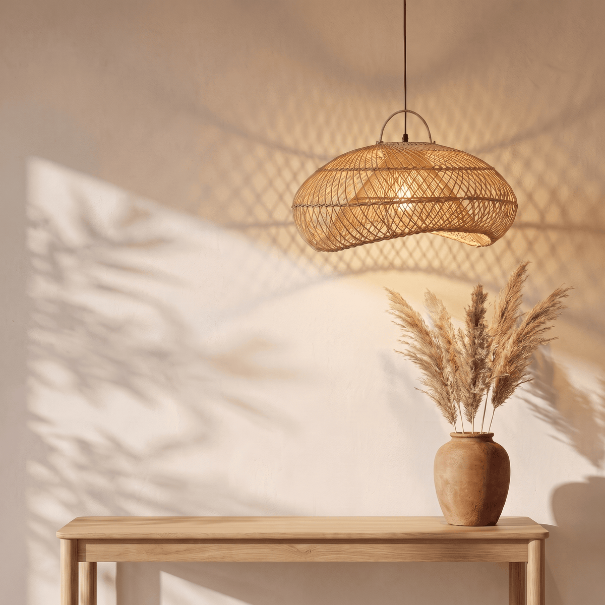 Suspension en Rotin Beige Doré Organique Design